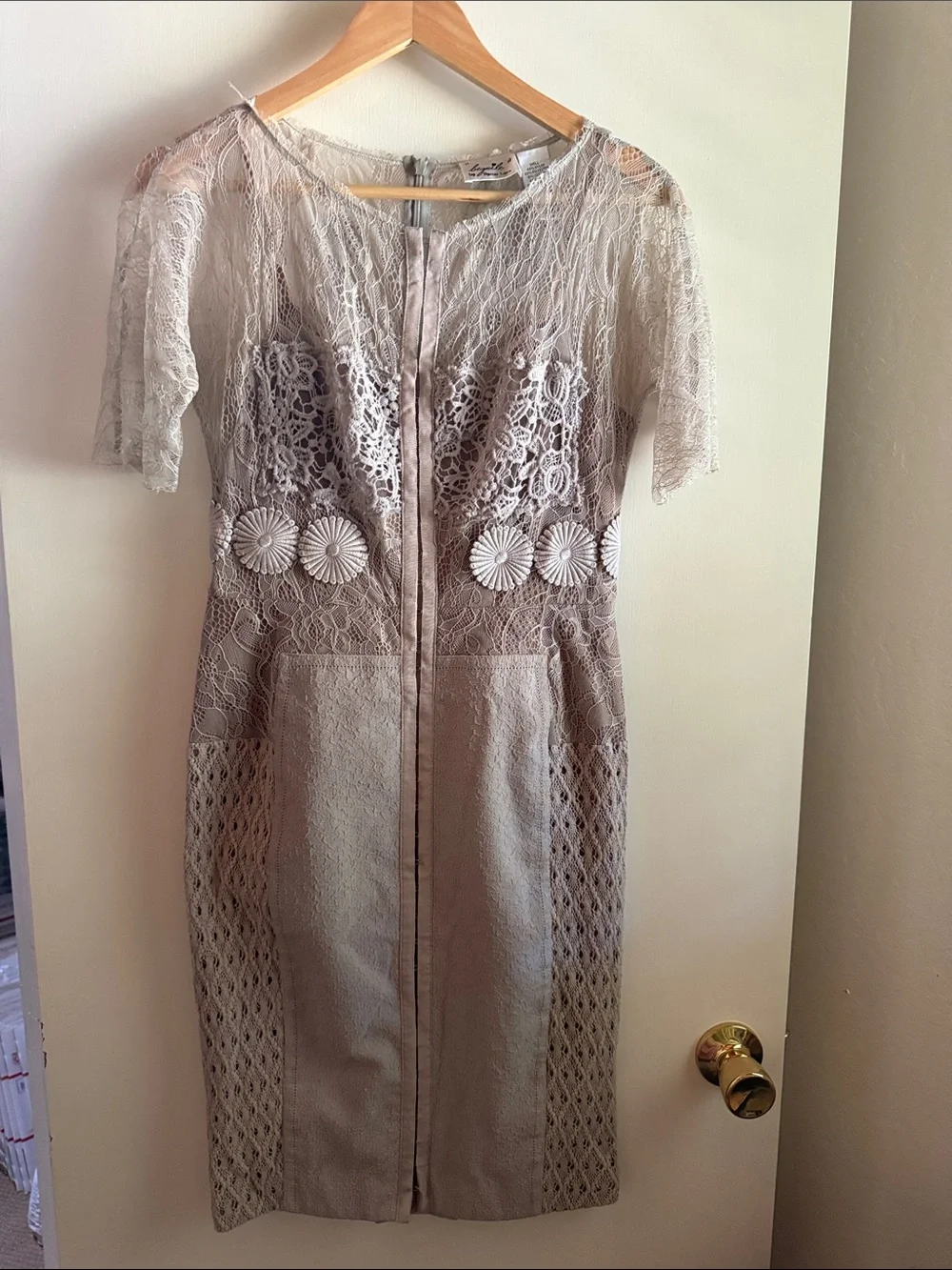 BYRON LARS Taupe Lace Midi Dress with Floral Appliqué - Picture 2 of 6